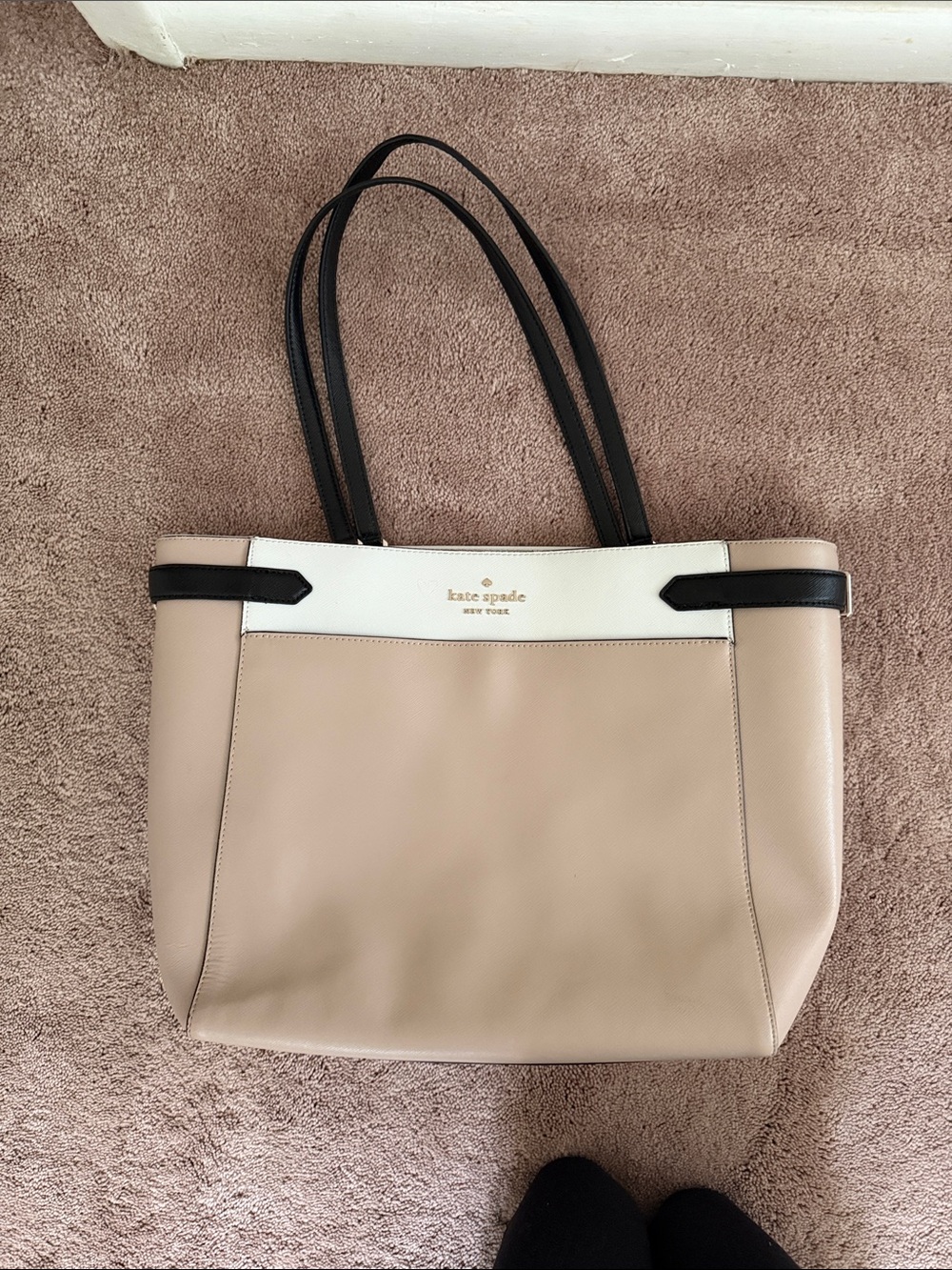 kate spade Beige, White & Black Leather Tote